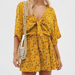 Superdry Allegra Yellow Floral Tie Front Playsuit US 12